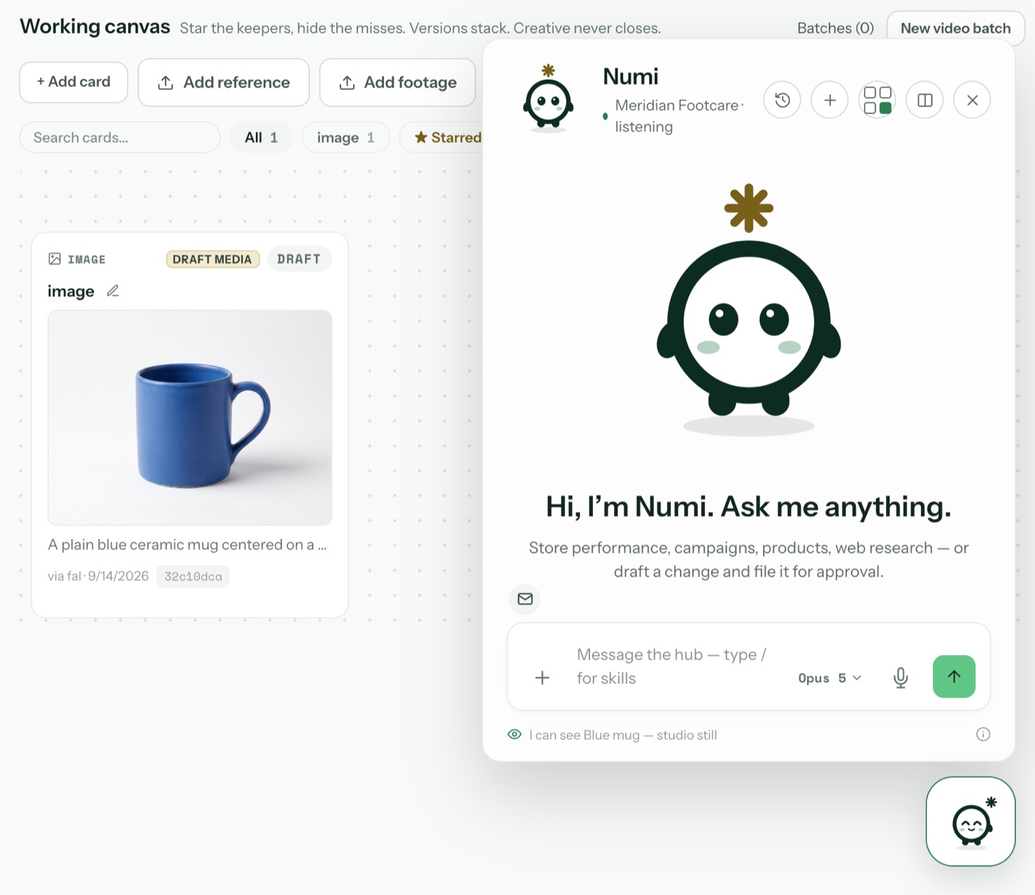 Numi’s chat open beside a campaign’s working canvas, where an AI-generated product still is waiting for review.